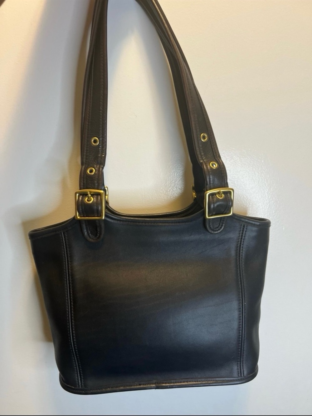 Black Vintage Leather Coach Shoulder Tote with Gold-Tone Buckles - Picture 2 of 10